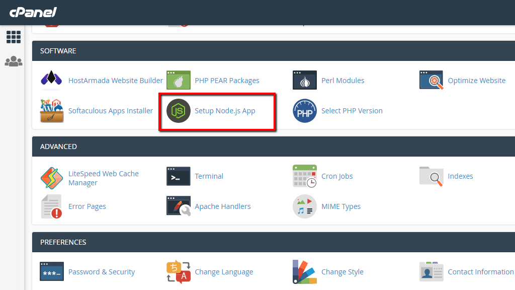 Accessing the Setup Node.js app feature in cPanel