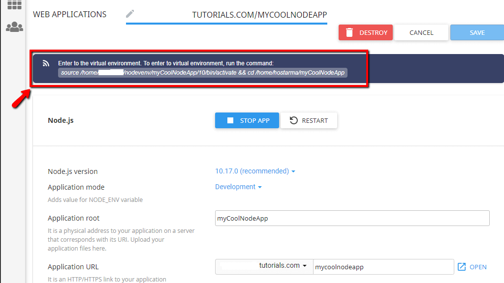 Accessing the virtual environment for Node.js application