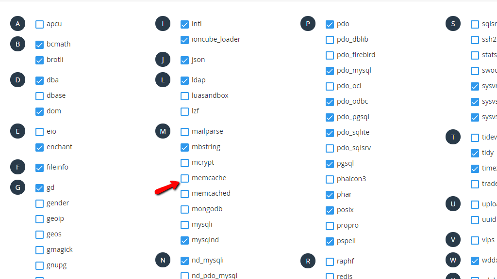 Activating PHP Modules in the PHP selector