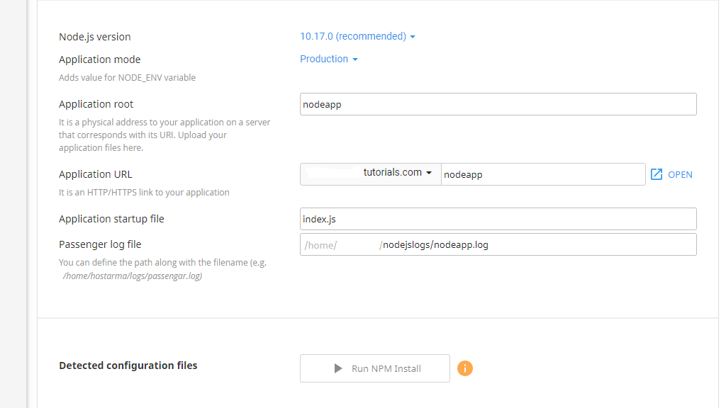 Additional configuration for existing Node.js application