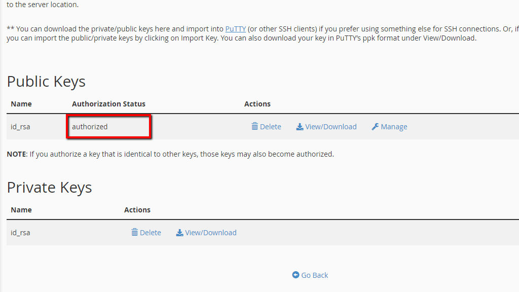 Authorized status of keys in cPanel