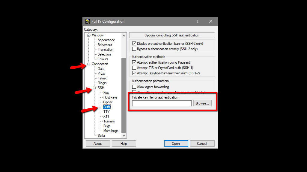 Configuring authentication in PuTTY