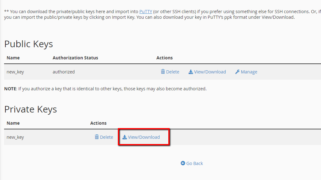 Downloading SSH Private key from cPanel