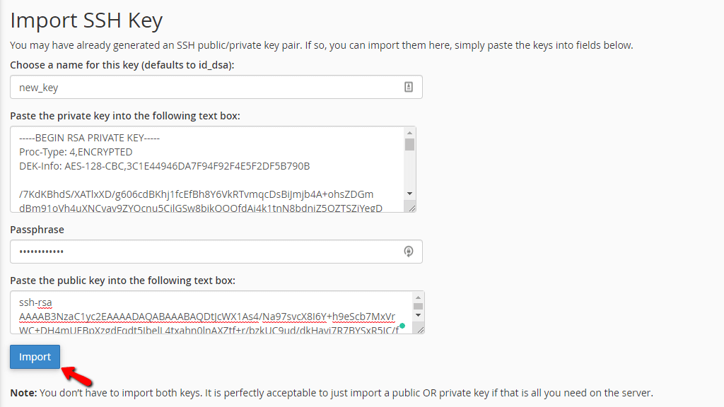 Importing new SSH key in cPanel