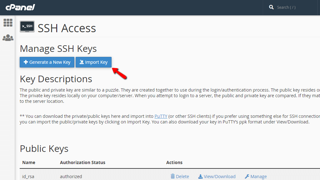 Importing SSH Keys into cPanel