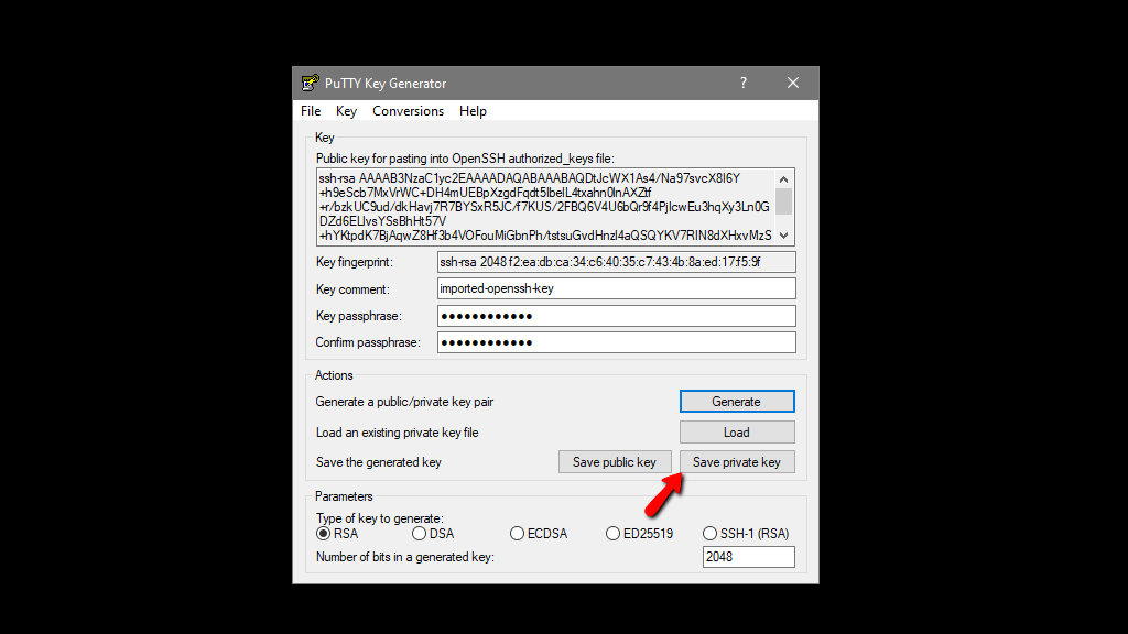 Saving the imported key in PuTTY