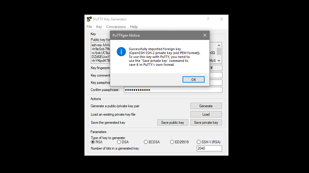 Successfully imported private key into PuTTY